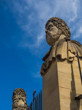 Emperors Heads, Sculpture, Sheldon Theatre, Oxford, England, UK.