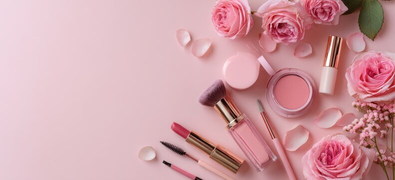 Overhead view of decorative makeup kit with blooming roses on pink background cosmetics skincare lipstick foundation feminine aesthetic blooming botanical accessory products cosmetic