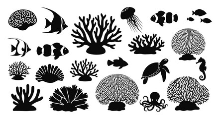Marine life silhouettes including fish coral and seahorse silhouette © design creation