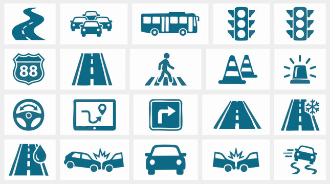 Road traffic and transportation vector icons set