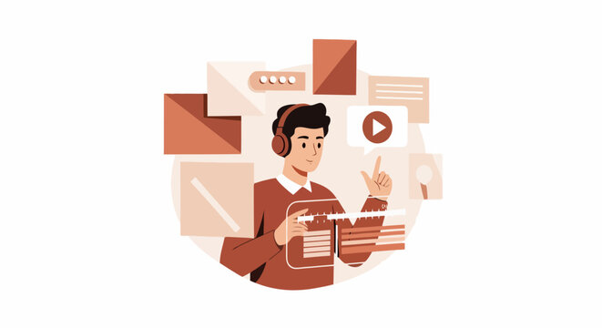 Man with headphones interacting with digital content and media files.