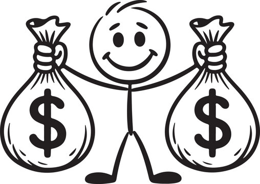 Happy Cartoon Stick Figure Holding Two Bags of Money
