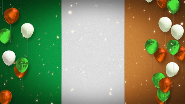 Loop, 4K video. Irish flag. Celebrations, events, sports, soccer, football, Gaelic football, hurling. Background, player introductions. Confetti, orange, green, and white balloons. Copy space. Ireland