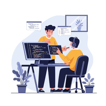 Two male software developers collaborating on computer code at a desk in a modern office with monitors and plants. Flat vector illustration of programmers working together.