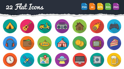 A comprehensive collection of flat vector icons featuring long shadows and vibrant colors, including themes of travel, technology, music, leisure, and entertainment on a dark textured background. © Ayong