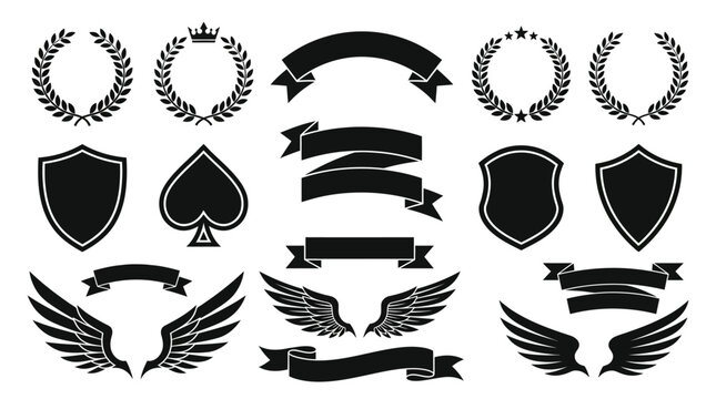 Comprehensive Collection of Black Heraldic Design Elements Featuring Laurel Wreaths, Shields, Wings, and Ribbons Isolated on White Background for Vintage Branding and Classic Crest Design.