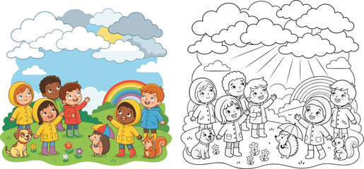 children drawing on the wall and children drawing on the paper cartoon print illustration vector clipart and line art colouring book for kids drawn hand drawn.