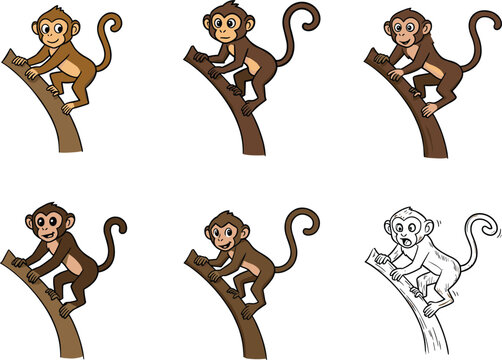 Cartoon monkey climbing tree branch, cute jungle animal illustration, playful wildlife vector art, funny baby monkey drawing, children&rsquo;s clipart design