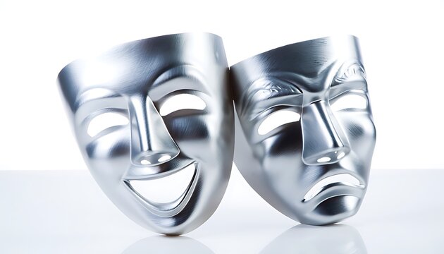 Two silver comedy and tragedy masks sit on a surface with a white background showing emotions.
