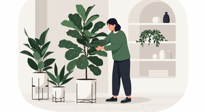 Woman tending to large fiddle leaf fig plant indoors.