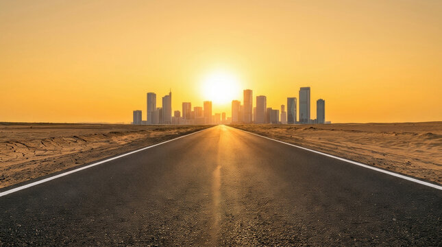 Heat wave urban city hot sunset over empty desert highway toward modern skyline. Warming crisis climate change. cooling temperature, sun climate weather, sunlight summer