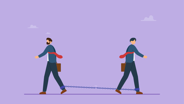 Bad business relationship or splitting partnership concept. Business people walking in opposite direction and breaking the chain link between them.