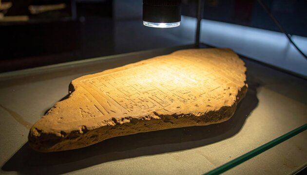 Ancient cuneiform inscription on a historical clay tablet fragment, illuminated in a museum exhibit.