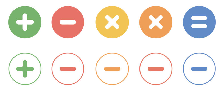Plus and minus icons featuring math symbols, add signs, multiply buttons, and calculator elements for business finance and accounting concepts. Vector illustration.