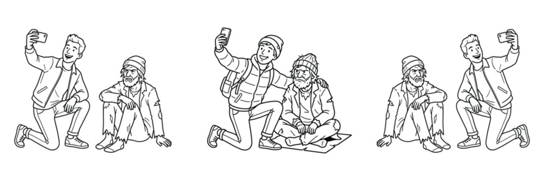 Young man taking selfie with homeless person, controversial modern social media trend, ethical dilemma, concept of empathy and exploitation, people interaction.