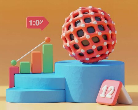 Abstract three dimensional sphere with a lattice texture alongside colorful bar charts and numerical data elements on blue platforms