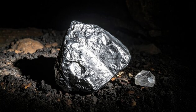 A heavy raw silver ore chunk with a dull metallic sheen resting on dark volcanic rock