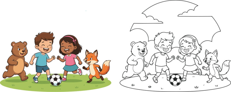 funny cartoon zombie with gun, girl and boy with dog, happy family in the grass, happy family in the garden, coloring book clip art, line art, children are playing football.

