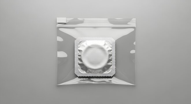 Silver condom foil wrapper in plastic bag, latex contraceptive mockup
