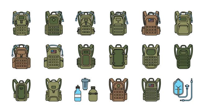 Collection of various tactical backpacks and hydration systems vector illustration