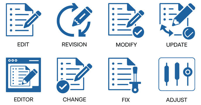 Revision and modification icons showcasing change, fix, edit, and settings adjustment symbols for design tools and interface customization concepts. Vector illustration.