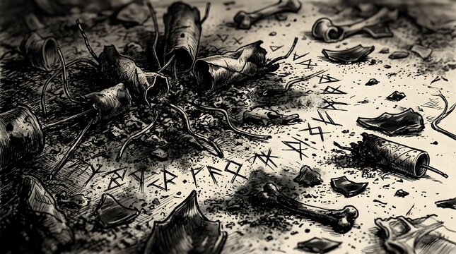 A dark and gritty close-up of scattered bones, debris, and ancient runic symbols etched into the ground, evoking a sense of mystery and ritual.
