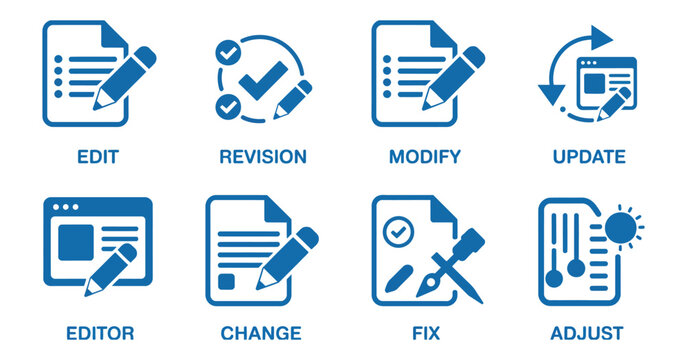 Revision and modification icons featuring edit, update, change, fix, and adjust control settings for design and interface management. Vector illustration.