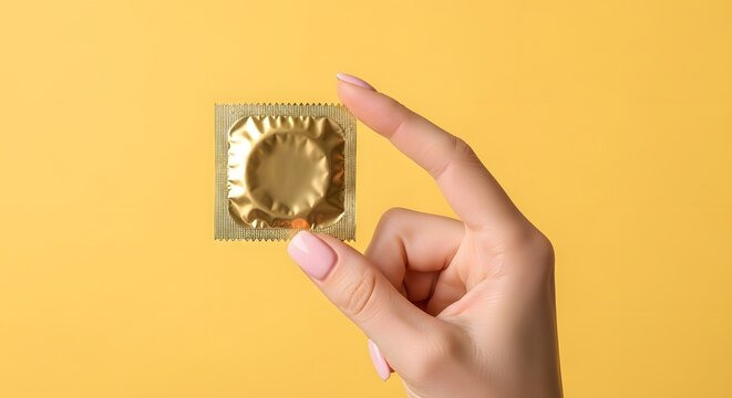 Gold condom wrapper in hand, safe sex concept, yellow background