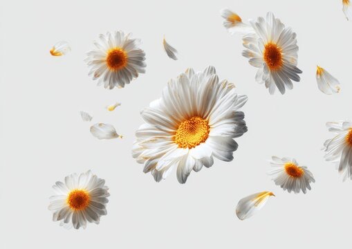 White daisies and drifting petals floating on light gray background with floating drifting botanical minimalist isolated delicate background composition levitation blooming freshness