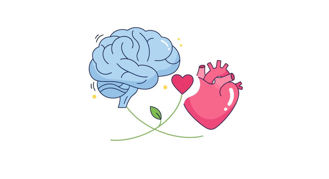 Conceptual illustration brain and heart connected by floral stems