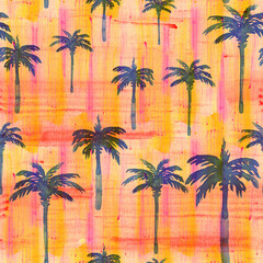 Summertime seamless tropical beach pattern. Palm trees on a bright colorful watercolor background © AineGing