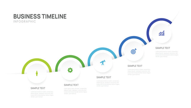 Business Infographic Timeline Template with 5 Step process, label and circle design for business and presentation.