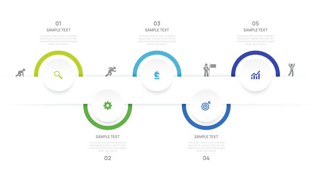 Business Infographic Timeline Template with icon 5 Step process, label and circle design for business and presentation Vector Illustration.