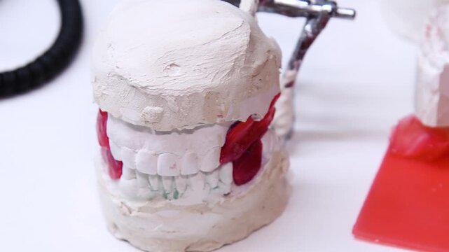 Dental casts placed on the table. The casts are made of plaster and represent models of the upper and lower jaw