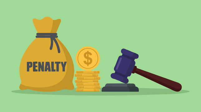 Penalty, fine, and justice concept with money bag, coins, and gavel