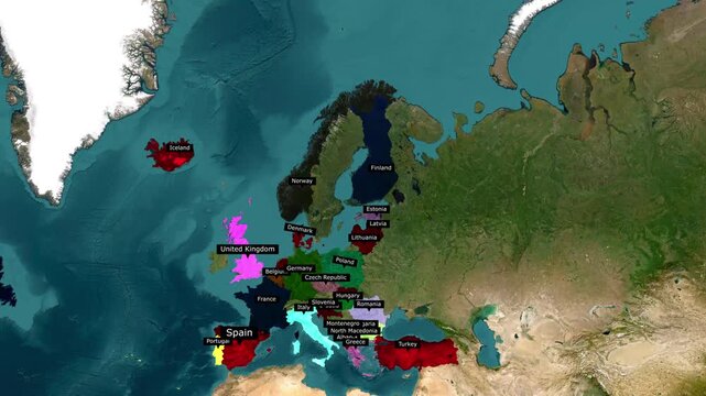 NATO member countries map animation highlighting alliance nations in Europe and North America