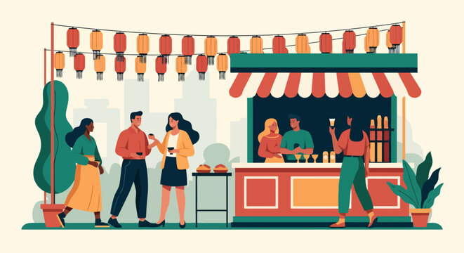 People enjoying food and drinks at a vibrant street market stall.