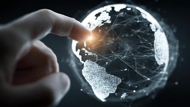 Futuristic network globe digital world global connection finger touch data technology internet innovation communication glowing point planet hand