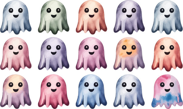 Happy Halloween Ghosts: A whimsical collection of watercolor ghosts in various pastel colors, each with a friendly smile and cute eyes.