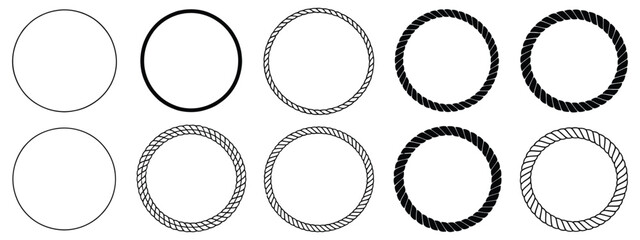 Round rope curve symbols displaying circular rope elements with varied thickness for decorative borders, nautical themes, and design applications. Vector illustration. © ARIF AHMED 01