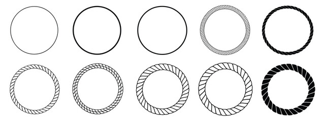 Round rope curve symbols featuring circular rope designs in different thickness styles for decorative framing and ornamental graphics. Vector illustration. © ARIF AHMED 01