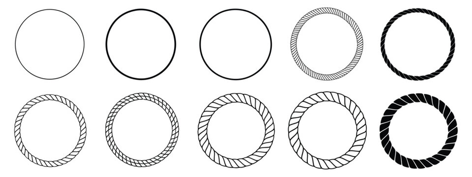 Round rope curve symbols featuring circular rope designs in different thickness styles for decorative framing and ornamental graphics. Vector illustration.