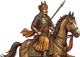 Fototapeta premium Ancient Indian warrior king riding horse holding spear, royal rajput soldier vector illustration background