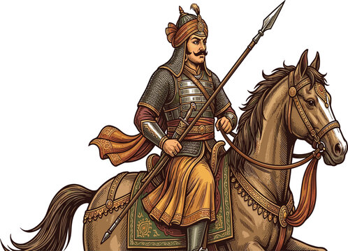 Ancient Indian warrior king riding horse holding spear, royal rajput soldier vector illustration background