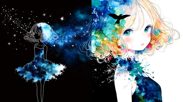 相反する自我を受け入れる。女の子。イラスト。水彩画。かわいい。