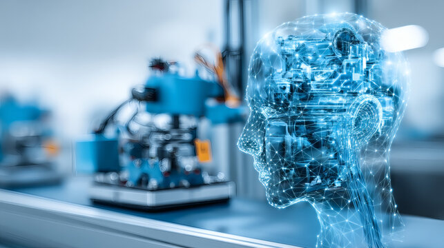 digital visualization of AI agent head title AI connected to sensors and machines in industrial automation environment, copy space abstract, digital, visualization, AI, agent, head, title, sensors, 