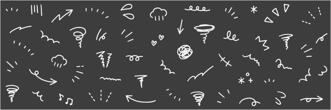 手書きの飾りイラストのベクターイラストセット。手描き、集中線、矢印、モヤモヤ、注目