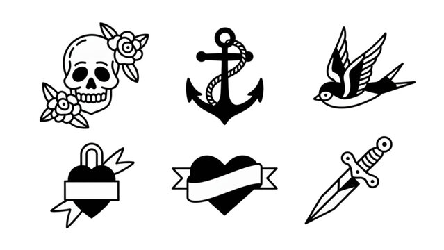 Set of six black and white tattoo style icons featuring skull, anchor, swallow, heart, dagger and teardrop Vector