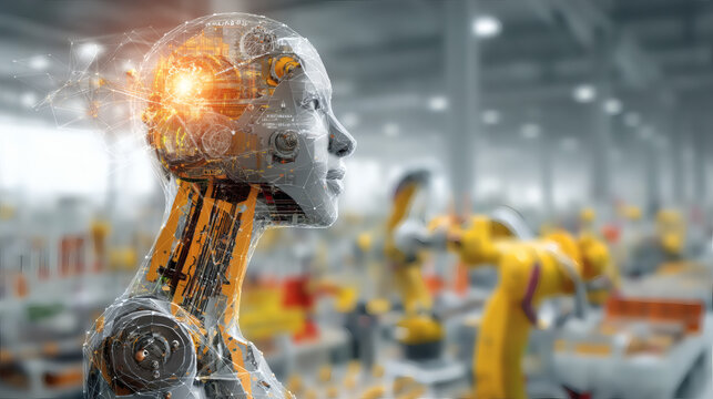 digital visualization of AI agent head title AI connected to sensors and machines in industrial automation environment, copy space abstract, digital, visualization, AI, agent, head, title, sensors, 
