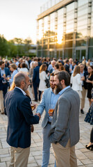 Fototapeta na wymiar Networking Event at Sunset: Professionals mingle and shake hands at an outdoor networking event, with a modern glass building reflecting the warm hues of the setting sun in the background.